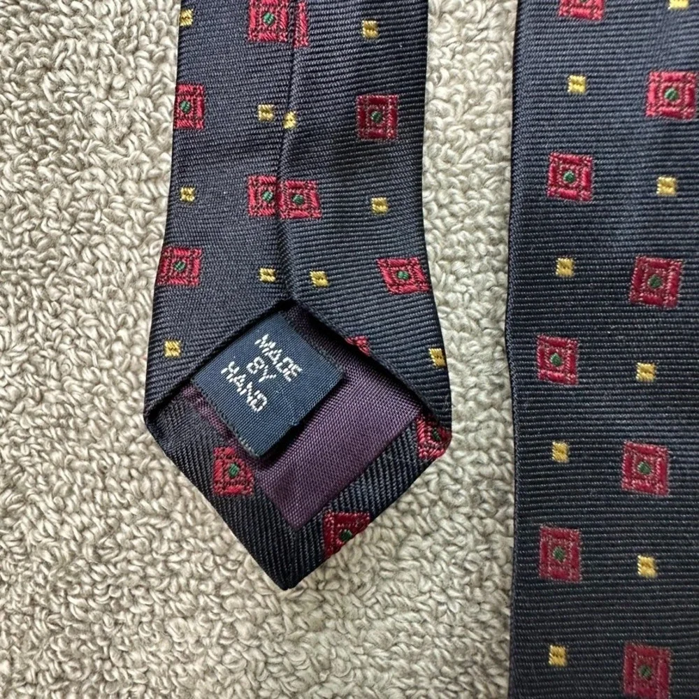 Polo Ralph Lauren Silk Tie Navy Blue Red Gold Geometric Medallion Hand Made